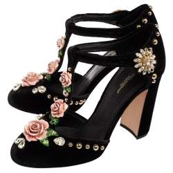 Pre Owned  Dolce & Gabbana Black Velvet Crystal Embellished Block Heel Sandals Size 37