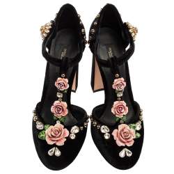 Pre Owned  Dolce & Gabbana Black Velvet Crystal Embellished Block Heel Sandals Size 37