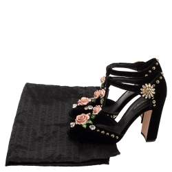 Pre Owned  Dolce & Gabbana Black Velvet Crystal Embellished Block Heel Sandals Size 37
