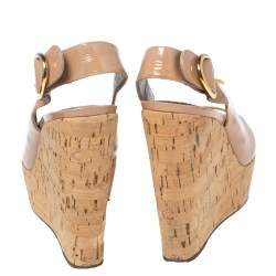 Pre Owned Dolce & Gabbana Beige Patent Leather Cork Wedge Platform Slingback Sandals Size 38