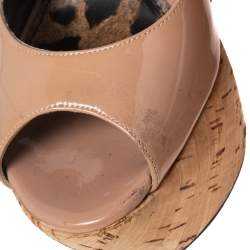 Pre Owned Dolce & Gabbana Beige Patent Leather Cork Wedge Platform Slingback Sandals Size 38