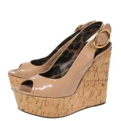 Pre Owned Dolce & Gabbana Beige Patent Leather Cork Wedge Platform Slingback Sandals Size 38