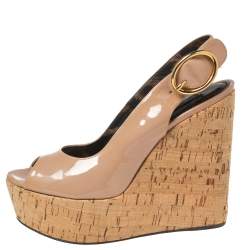 Pre Owned Dolce & Gabbana Beige Patent Leather Cork Wedge Platform Slingback Sandals Size 38