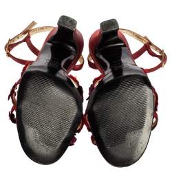 Pre Owned Dolce & Gabbana Red Satin Flower Strappy Sandals Size 35.5