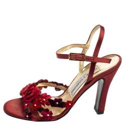 Pre Owned Dolce & Gabbana Red Satin Flower Strappy Sandals Size 35.5