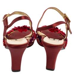 Pre Owned Dolce & Gabbana Red Satin Flower Strappy Sandals Size 35.5