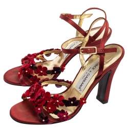 Pre Owned Dolce & Gabbana Red Satin Flower Strappy Sandals Size 35.5