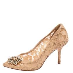 Pre Owned حذاء كعب عالي دولتشي أند غابانا بيلوسي شبك ودانتيل بيج مقدمة مدببة مقاس 37