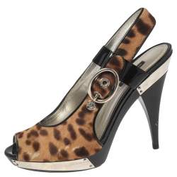 Dolce & Gabbana Black/Brown Leopard Print Pony Hair and Patent Leather Trim Platform Sandals Size 41