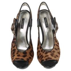 Dolce & Gabbana Black/Brown Leopard Print Pony Hair and Patent Leather Trim Platform Sandals Size 41
