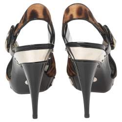 Dolce & Gabbana Black/Brown Leopard Print Pony Hair and Patent Leather Trim Platform Sandals Size 41