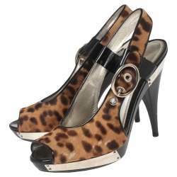Dolce & Gabbana Black/Brown Leopard Print Pony Hair and Patent Leather Trim Platform Sandals Size 41