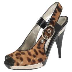 Dolce & Gabbana Black/Brown Leopard Print Pony Hair and Patent Leather Trim Platform Sandals Size 41