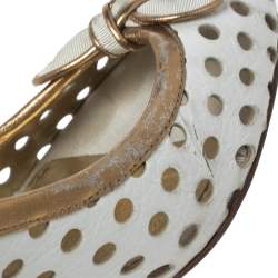 Pre Owned Dolce & Gabbana White/Gold Perforated Leather Bow Detail Peep Toe Pumps Size 41