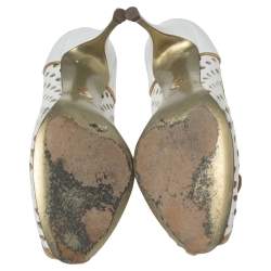 Pre Owned Dolce & Gabbana White/Gold Perforated Leather Bow Detail Peep Toe Pumps Size 41