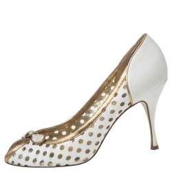 Pre Owned Dolce & Gabbana White/Gold Perforated Leather Bow Detail Peep Toe Pumps Size 41