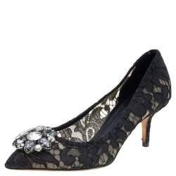 Pre Owned Dolce & Gabbana Black Lace And Mesh Crystal Embellished Bellucci Pumps Size 39