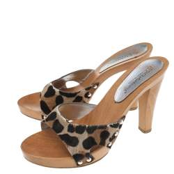 Pre Owned Dolce & Gabbana Brown Leopard Print Calf Hair Wooden Clog Slide Sandals Size 39