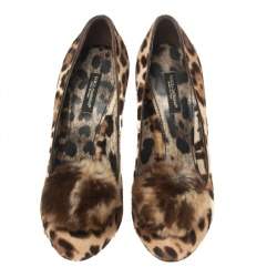 Pre Owned Dolce & Gabbana Brown/Beige Leopard Print Calf Hair Pom Pom Pumps Size 37
