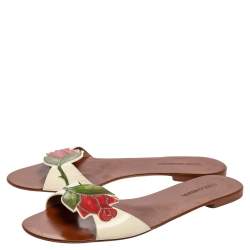 Dolce & Gabbana Off-White Patent Leather Flower Flat Sandals Size 40.5