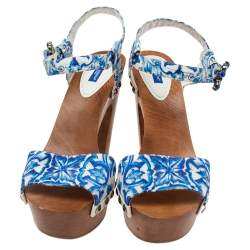 Pre Owned Dolce & Gabbana White/Blue Floral Print Fabric Embellished Platform Ankle Strap Clog Sandals Size 40
