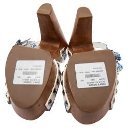 Pre Owned Dolce & Gabbana White/Blue Floral Print Fabric Embellished Platform Ankle Strap Clog Sandals Size 40