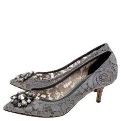 Pre Owned Dolce & Gabbana Grey Lace Bellucci Pointed-Toe Pumps Size 39