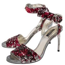 Dolce & Gabbana Pink/Silver Leather And Sequins Ankle Strap Sandals Size 38.5