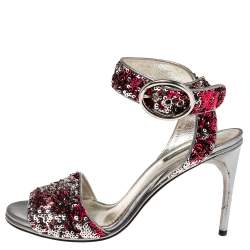 Dolce & Gabbana Pink/Silver Leather And Sequins Ankle Strap Sandals Size 38.5