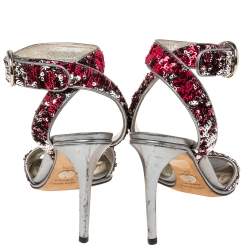 Dolce & Gabbana Pink/Silver Leather And Sequins Ankle Strap Sandals Size 38.5