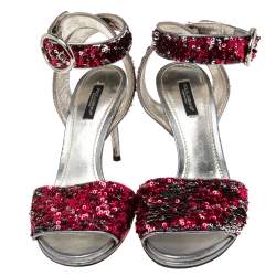 Dolce & Gabbana Pink/Silver Leather And Sequins Ankle Strap Sandals Size 38.5