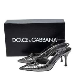Pre Owned Dolce & Gabbana Metallic Grey Snakeskin bow Slingback Sandals Size 36.5 