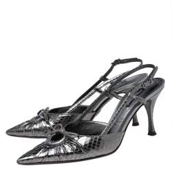 Pre Owned Dolce & Gabbana Metallic Grey Snakeskin bow Slingback Sandals Size 36.5 