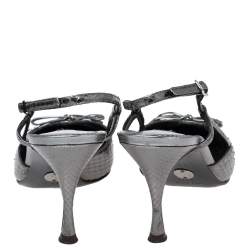 Pre Owned Dolce & Gabbana Metallic Grey Snakeskin bow Slingback Sandals Size 36.5 