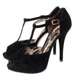 Dolce & Gabbana Black Suede T-Bar Peep-Toe Platform Sandals Size 36.5 