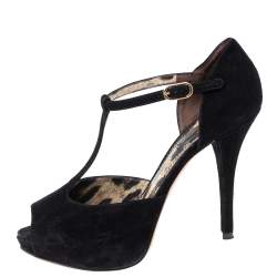 Dolce & Gabbana Black Suede T-Bar Peep-Toe Platform Sandals Size 36.5 