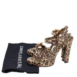 Pre Owned Dolce & Gabbana Beige/Brown Leopard Print Leather Embellished Ankle Strap Sandals Size 38.5