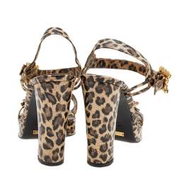 Pre Owned Dolce & Gabbana Beige/Brown Leopard Print Leather Embellished Ankle Strap Sandals Size 38.5