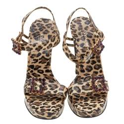 Pre Owned Dolce & Gabbana Beige/Brown Leopard Print Leather Embellished Ankle Strap Sandals Size 38.5