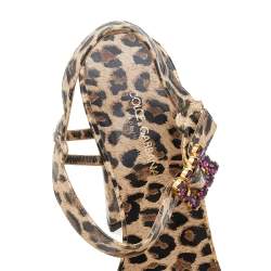Pre Owned Dolce & Gabbana Beige/Brown Leopard Print Leather Embellished Ankle Strap Sandals Size 38.5