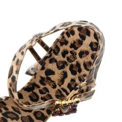Pre Owned Dolce & Gabbana Beige/Brown Leopard Print Leather Embellished Ankle Strap Sandals Size 38.5