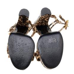 Pre Owned Dolce & Gabbana Beige/Brown Leopard Print Leather Embellished Ankle Strap Sandals Size 38.5