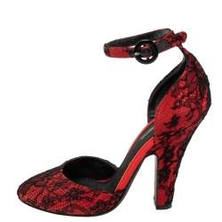Pre Owned حذاء كعب عالي دولتشي أند غابانا ساتان ودانتيل أحمر/أسود بحزام للكاحل مقاس 38