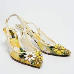 Pre Owned صندل دولتشي أند غابانا شبكة وجلد لامع متعدد الألوان مزخرف ورد بحزام خلفي للكاحل مقاس 35