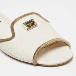 Pre Owned Dolce & Gabbana White Lizard Embossed Leather Flat Slides Size 38