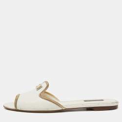 Pre Owned Dolce & Gabbana White Lizard Embossed Leather Flat Slides Size 38