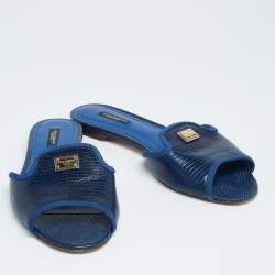 Pre Owned Dolce & Gabbana Blue Lizard Embossed Leather Sofia Flat Slides Size 39.5