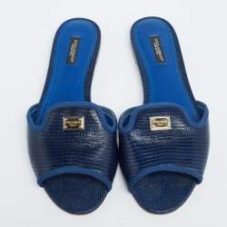 Pre Owned Dolce & Gabbana Blue Lizard Embossed Leather Sofia Flat Slides Size 39.5