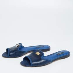 Pre Owned Dolce & Gabbana Blue Lizard Embossed Leather Sofia Flat Slides Size 39.5