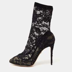 Dolce & Gabbana Navy Blue Lace and Mesh Stretch Booties Size 38.5